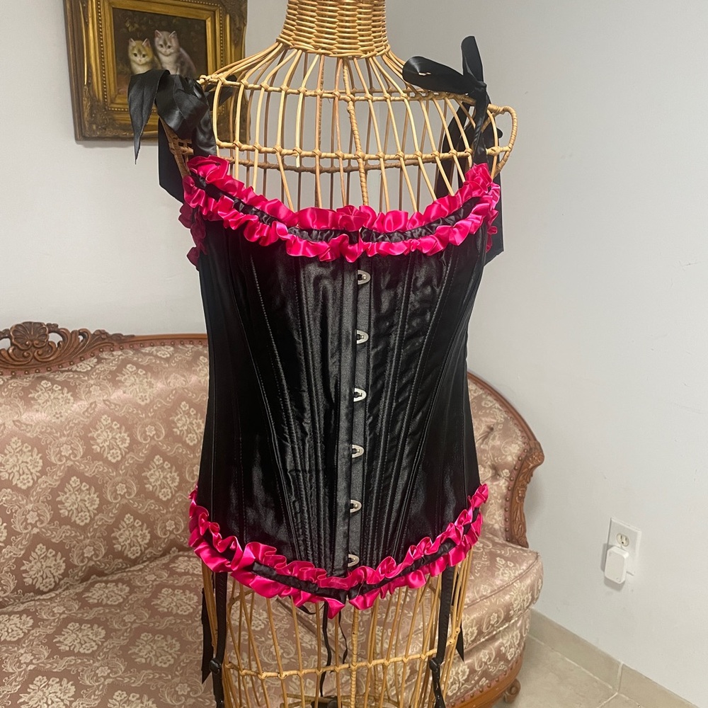 Elegant Black and Pink Corset with Satin Ruffles
